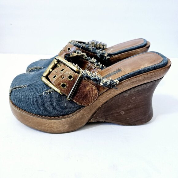 Schutz Y2K Wooden Denim Clog Heels Size 6M Wedge 90's Leather Buckle Fringe - Picture 3 of 7